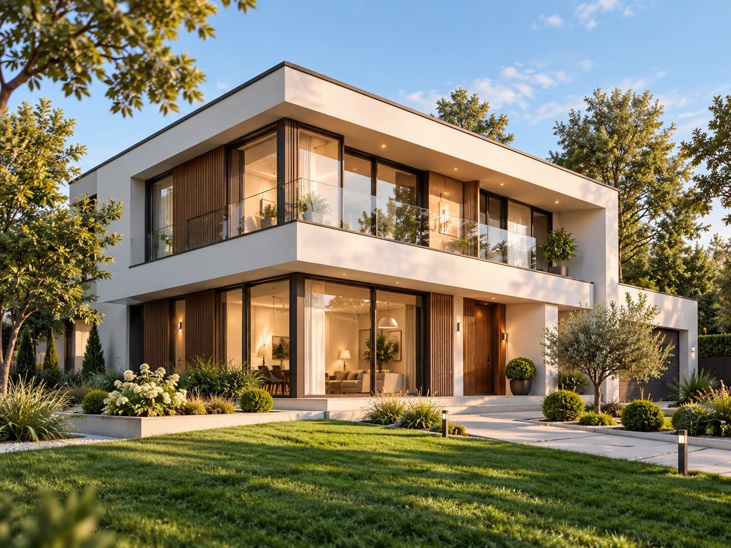 Modernes Wohnhaus mit großzügigen Fenstern und Garten