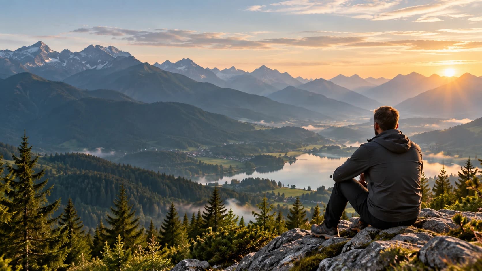 Person blickt von einem Felsen auf eine weite Berglandschaft