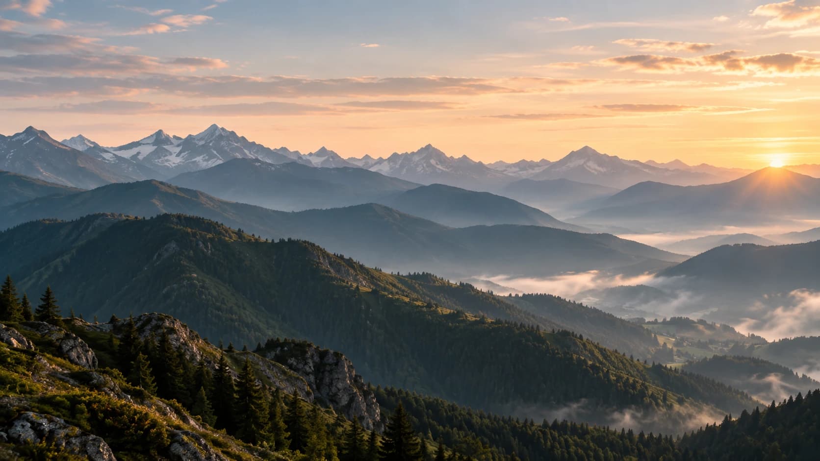 Bergketten in ruhigem Abendlicht